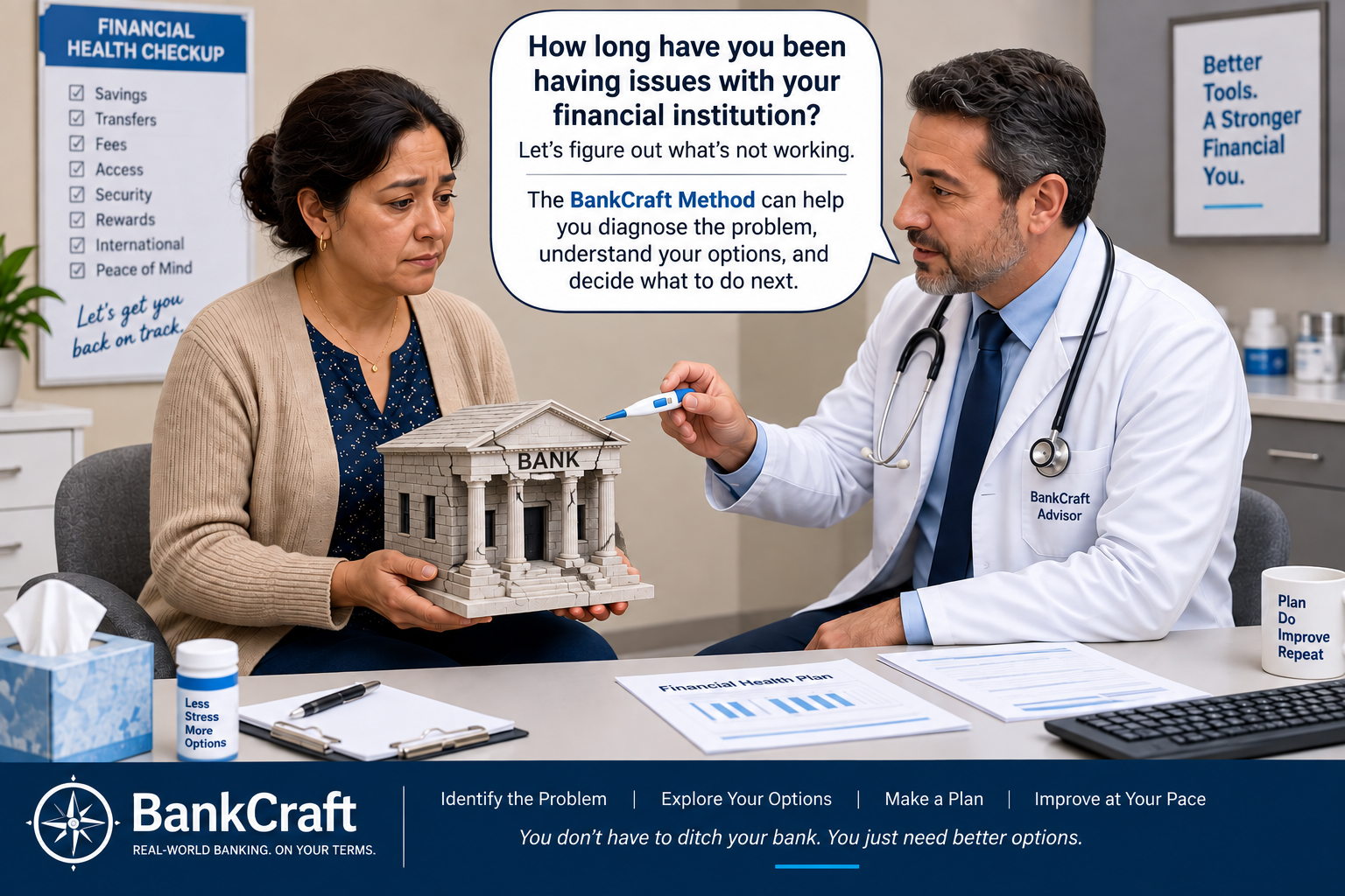 BankCraft financial health checkup showing a customer and advisor examining problems with a financial institution