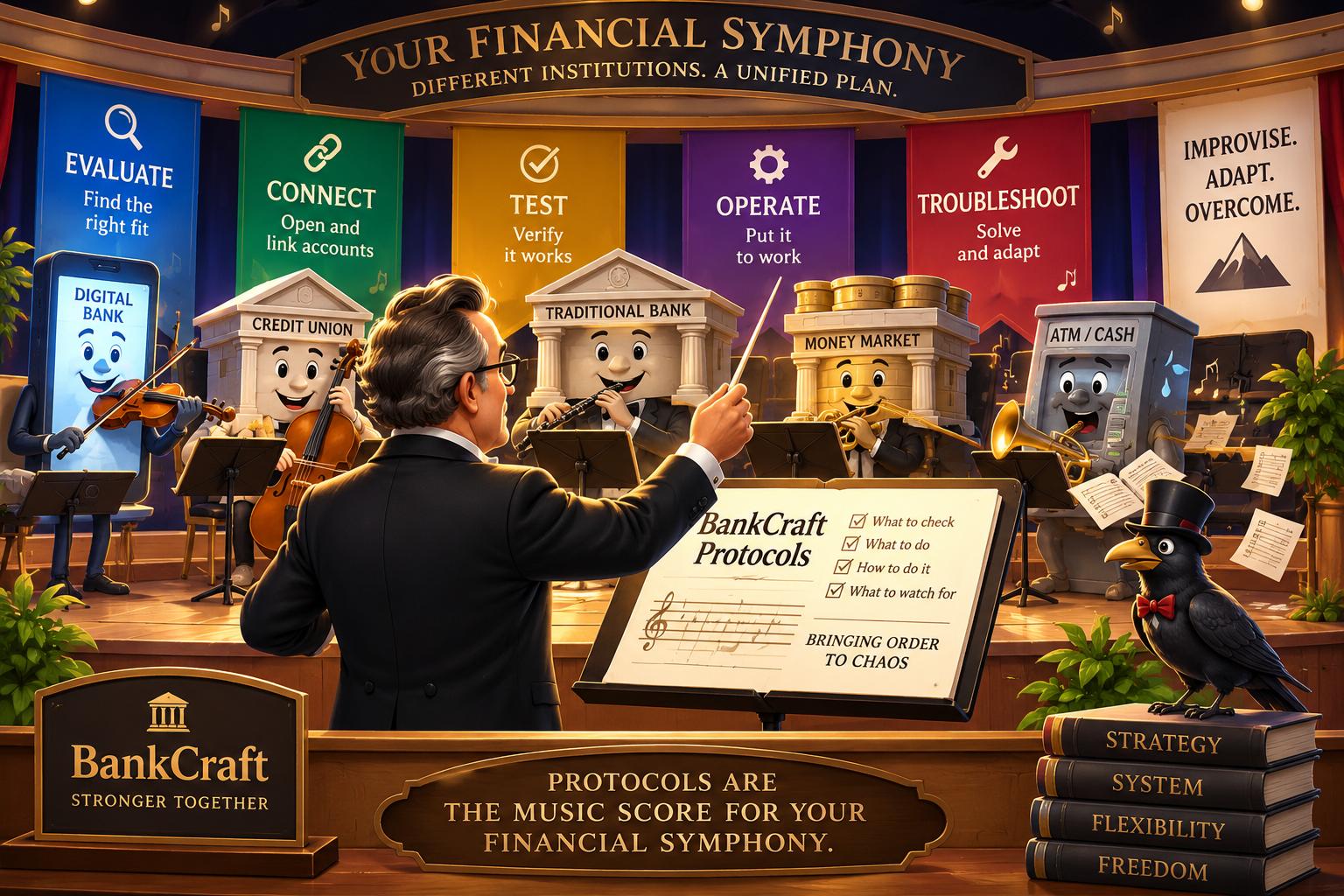 Cartoon showing a conductor using BankCraft Protocols as the music score for a Financial Symphony of banks, credit unions, digital banking, ATMs, and other financial institutions