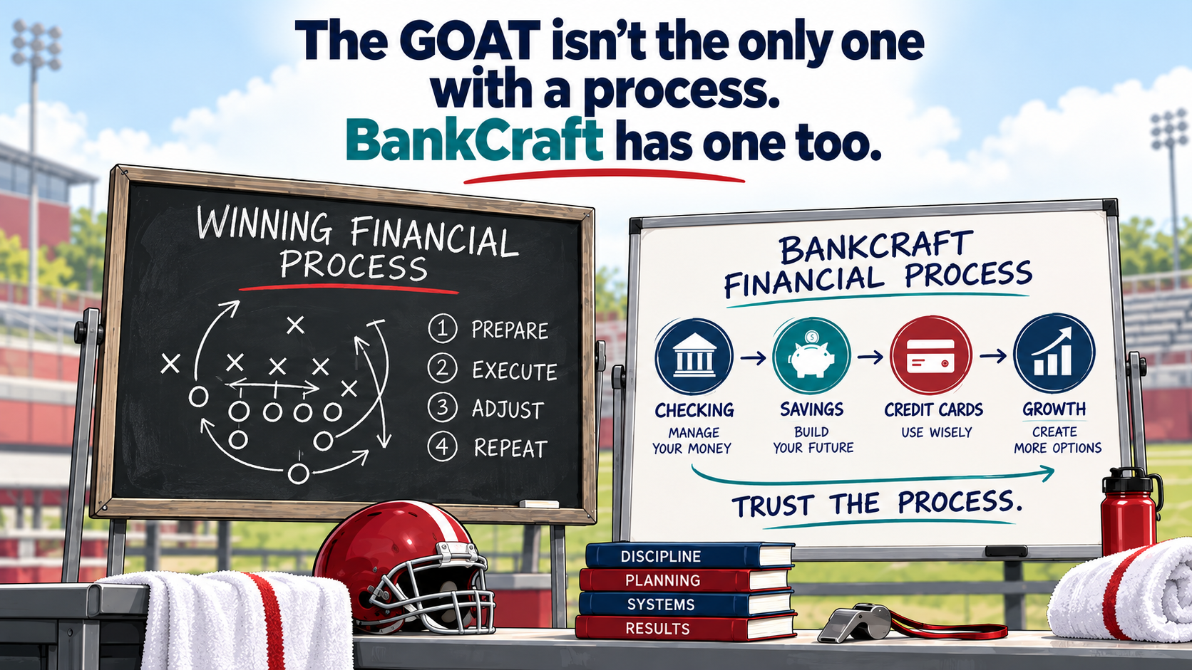 Football strategy boards alongside a BankCraft financial game plan, with a plain crimson football helmet