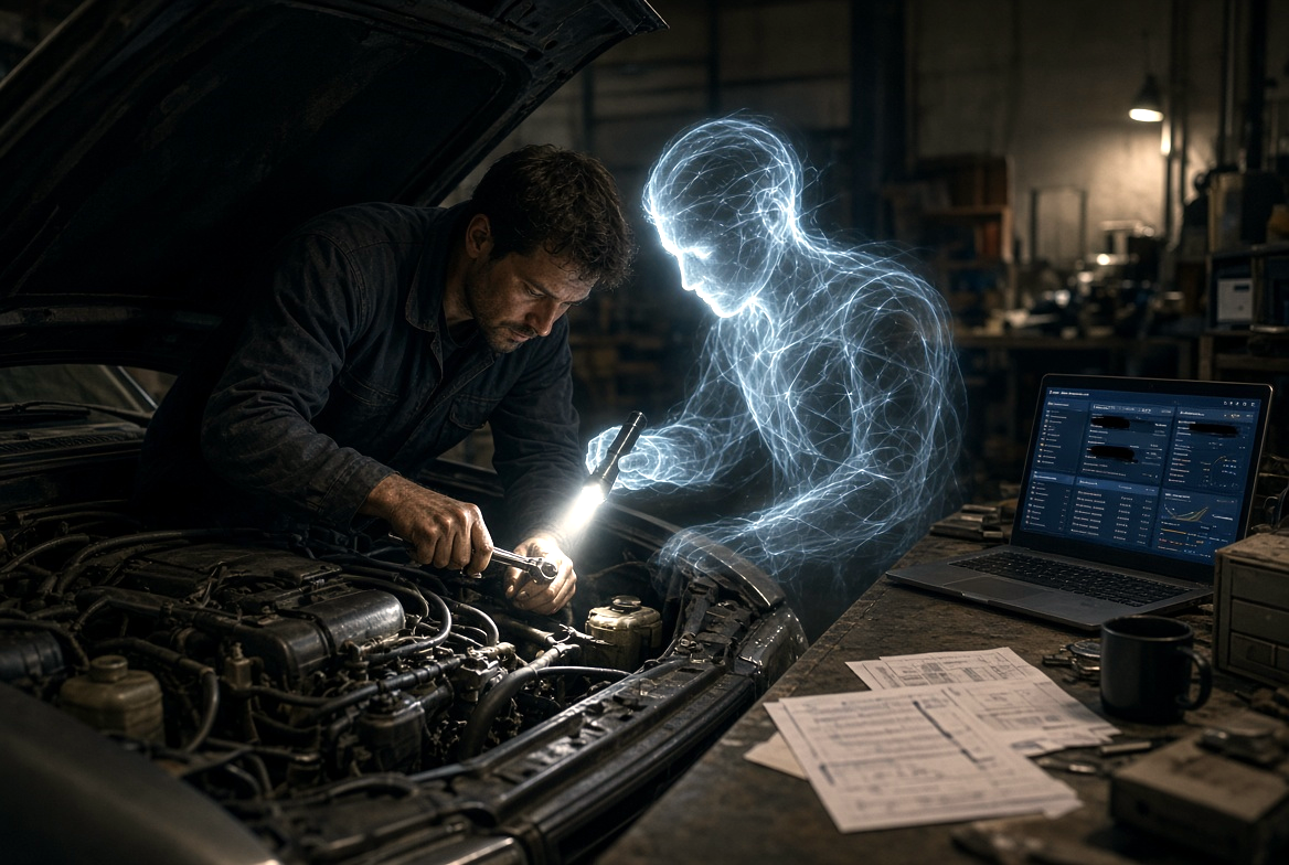 A mechanic working on an engine while an AI assistant holds a flashlight on the work area
