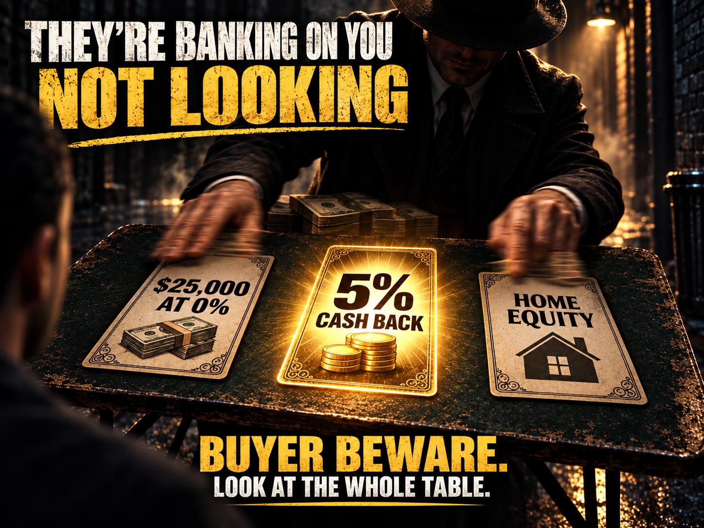 Three-card Monte style BankCraft illustration showing a glowing 5% cash-back offer while the other cards reveal $25,000 at 0% and home equity