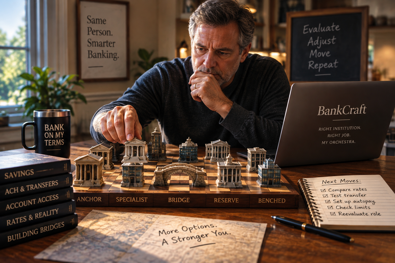 A person using the BankCraft Method to evaluate financial institutions, assign banking roles, build Bridges, compare options, and plan next moves