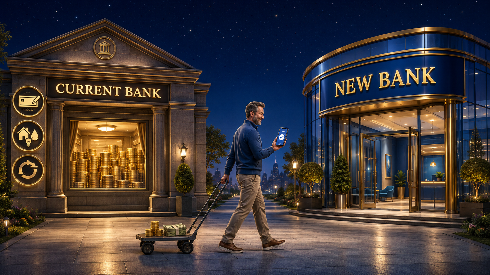 A man takes a small cart of money toward a new bank while his current bank stays open with most of his money still inside.