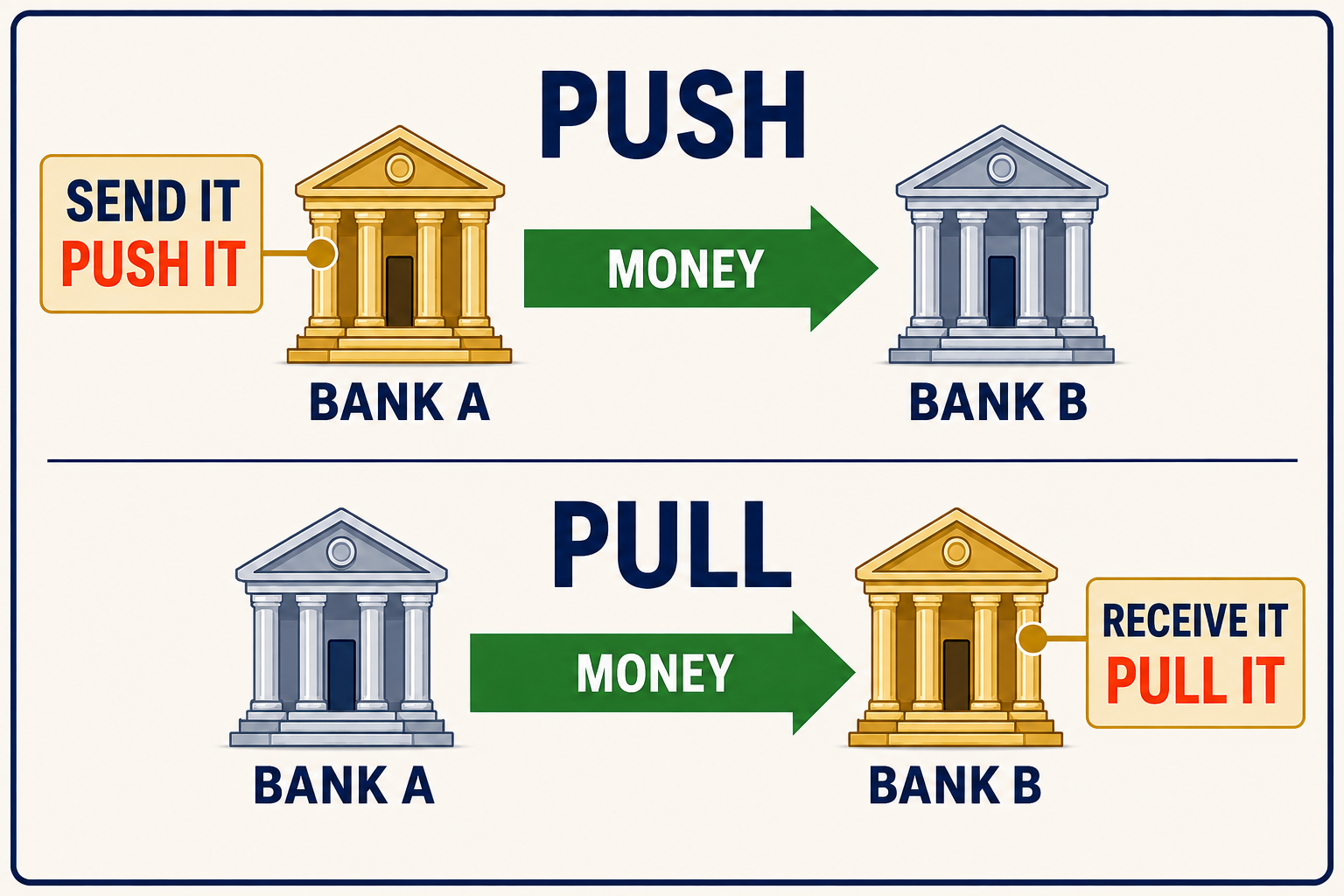 ACH push and pull diagram showing money moving from Bank A to Bank B in both examples; Bank A initiates the push and Bank B initiates the pull