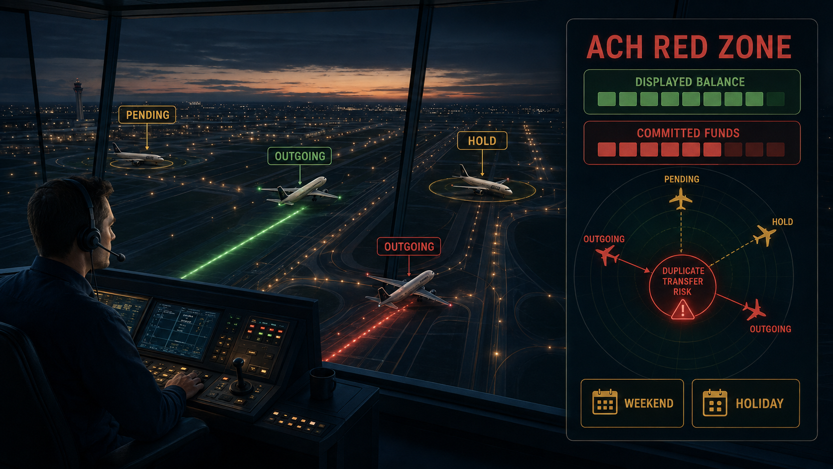 ACH control tower showing pending and held transfers, committed funds, weekend and holiday delays, and duplicate-transfer risk