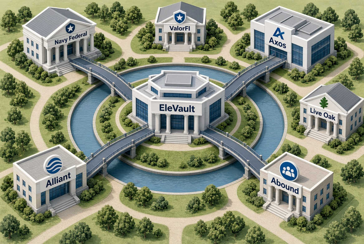 EleVault with direct bridges from Navy Federal, Axos, Alliant, and Abound. ValorFI and Live Oak use the surrounding roads to reach an institution with a bridge.