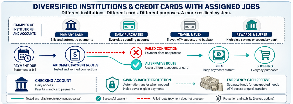 Diagram showing diversified financial institutions, credit cards with assigned jobs, payment connections, and backup routes
