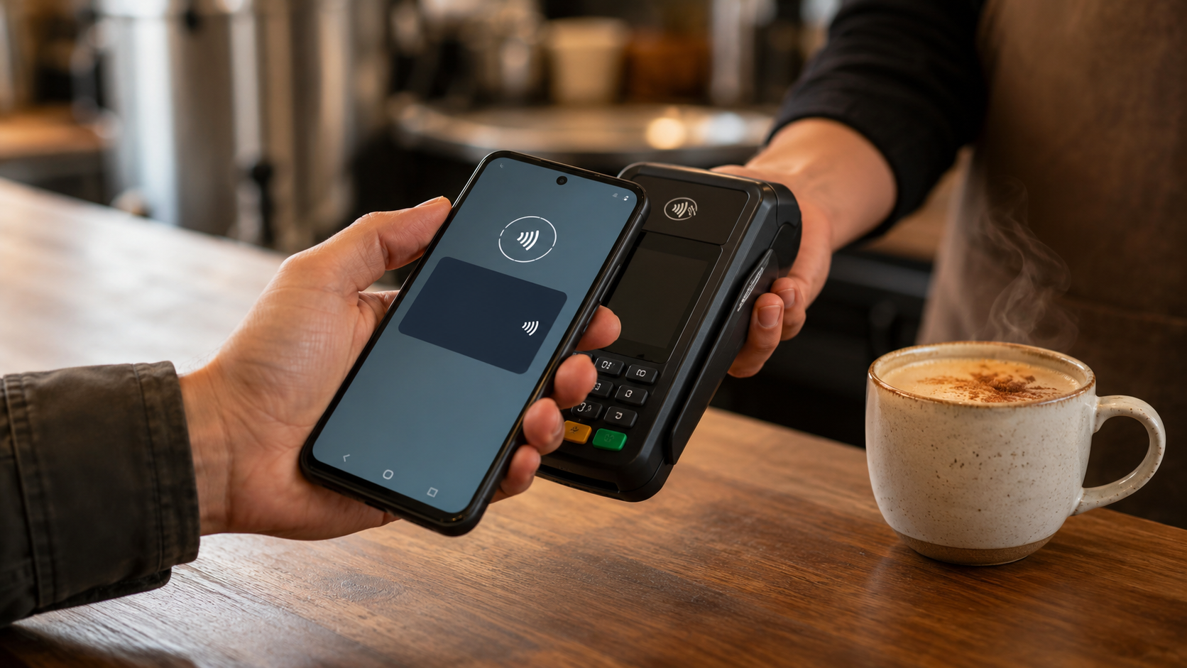 A customer tapping an Android phone on a handheld payment terminal beside a cup of vanilla chai coffee