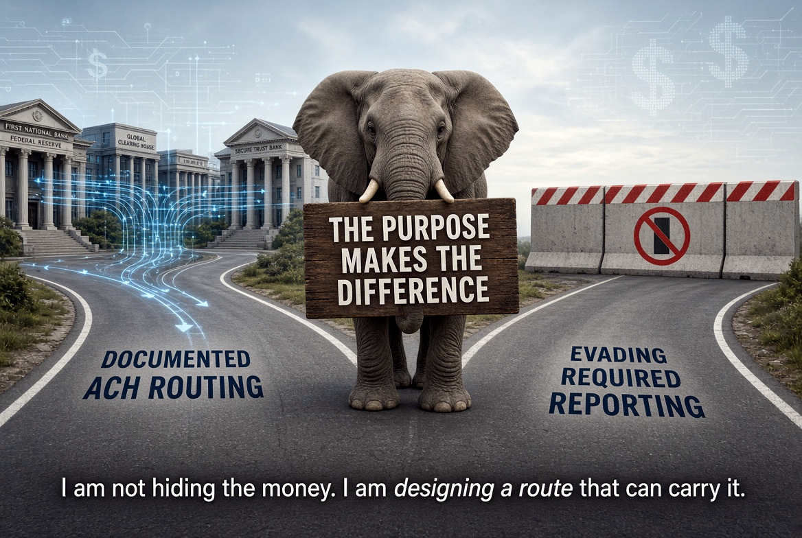 An elephant standing between documented ACH routing and a blocked route representing evasion of required reporting, holding a sign that reads, The purpose makes the difference