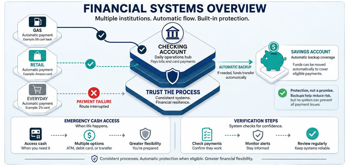 Financial system showing checking payments, savings backup, alternative access routes, and verification