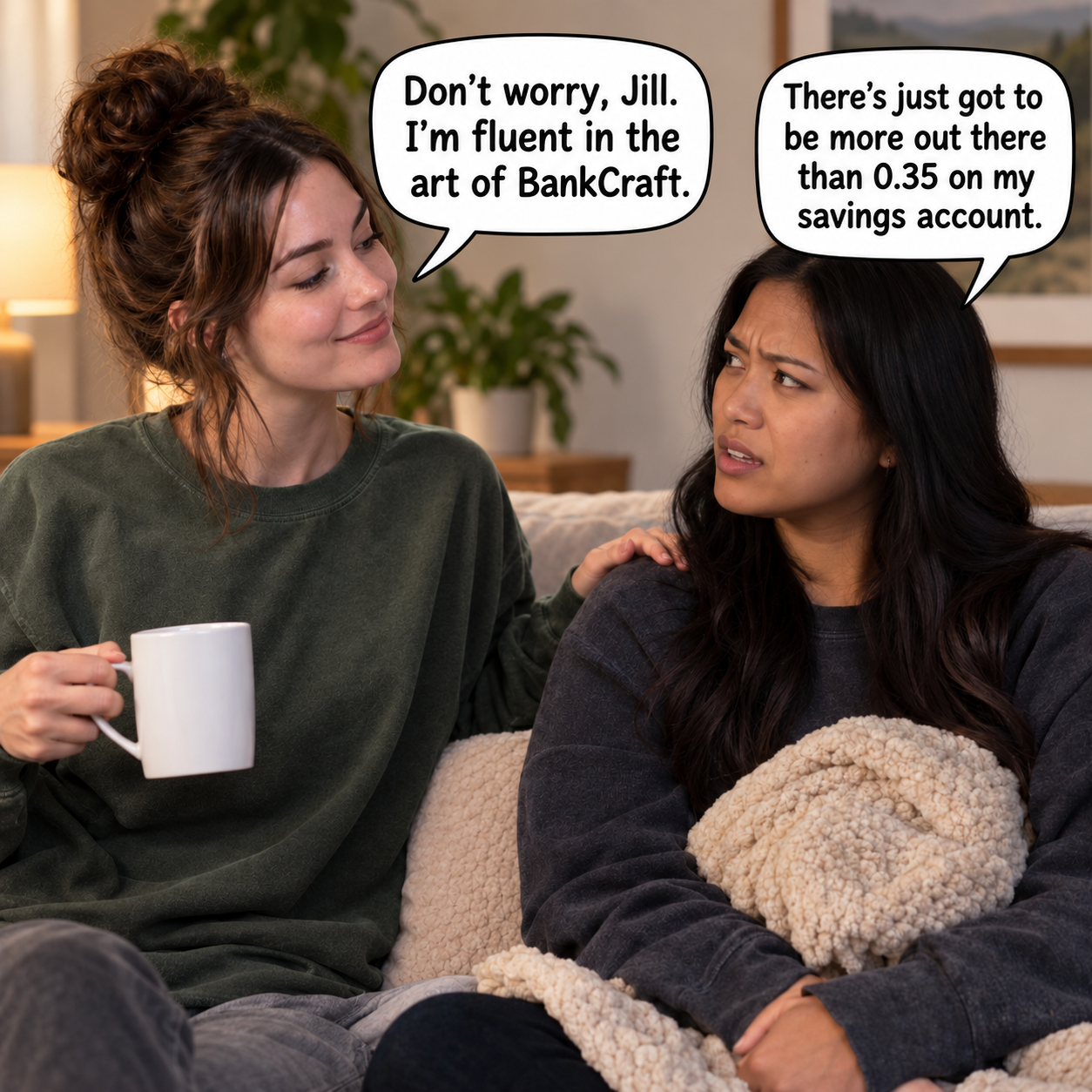 Two friends discussing BankCraft and looking for something better than a low-interest savings account