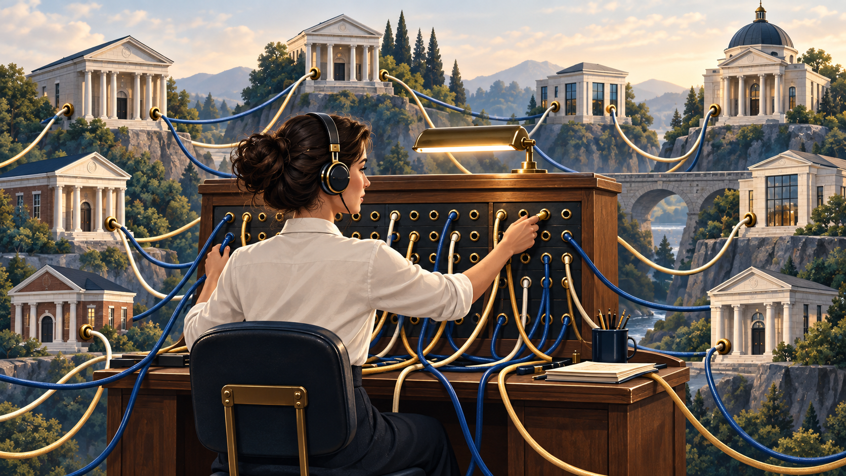 Operator at a switchboard connecting multiple banks with cables, illustrating how financial institutions link together