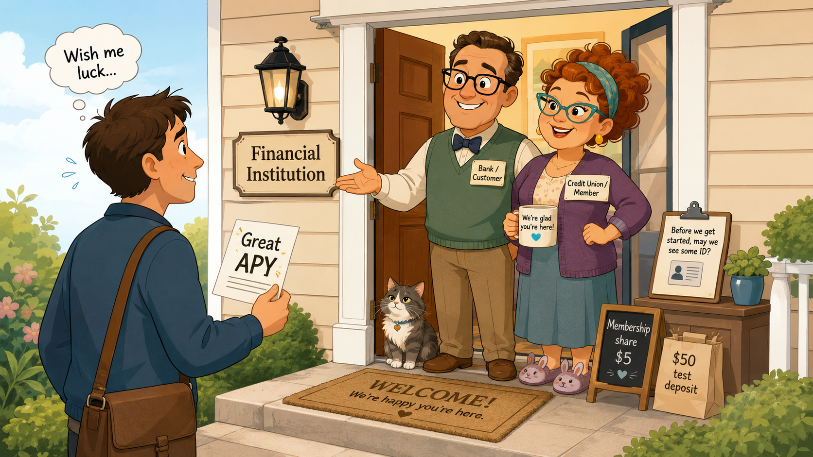 Cartoon showing a person with a great APY meeting a bank and credit union as if meeting the family for the first time