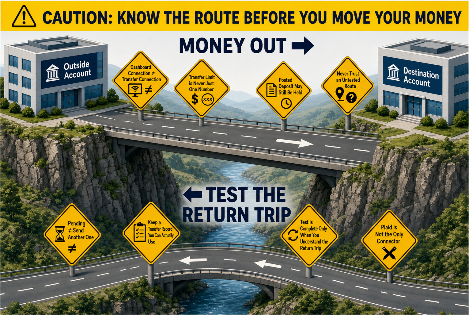 Two bank buildings linked by roads, with signs highlighting transfer limits, holds, account connections, transfer records, and testing the return trip.