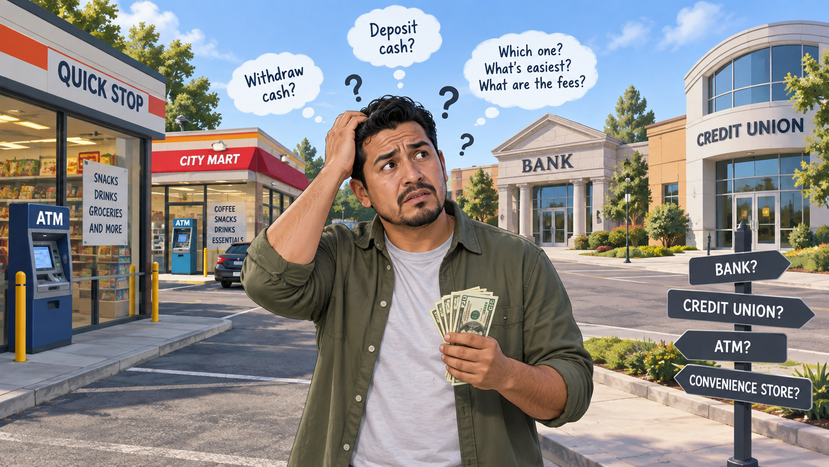A confused man holding cash while choosing between financial institutions, convenience stores, and ATMs