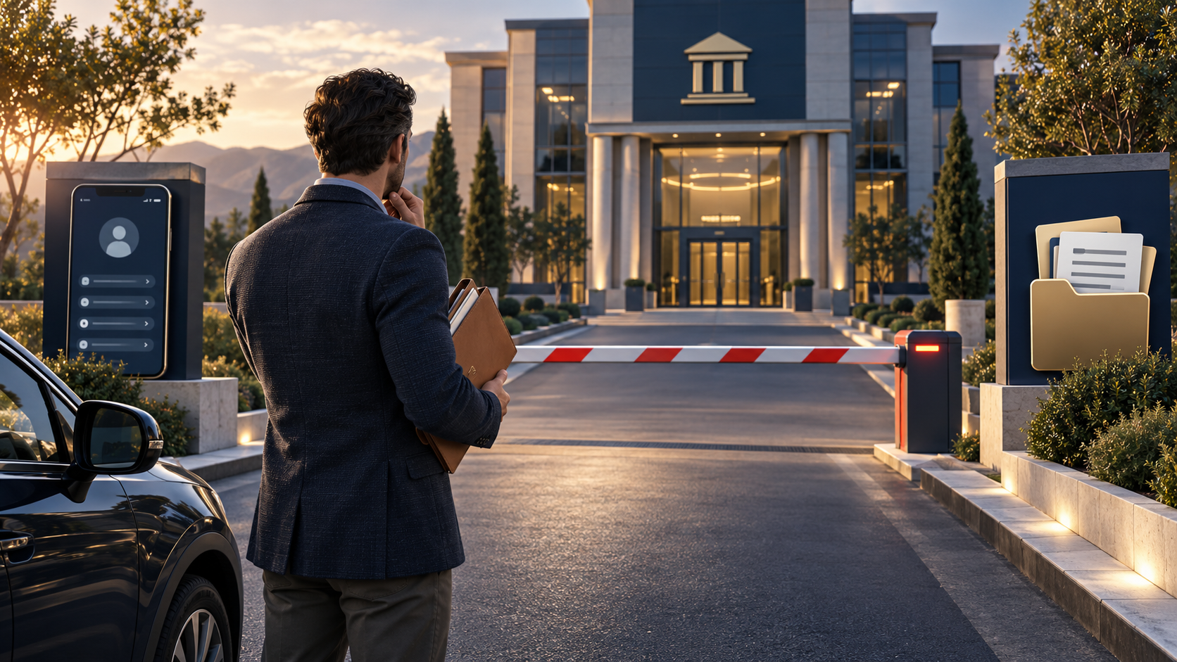 A customer holding organized financial records at a lowered security barrier outside a bank