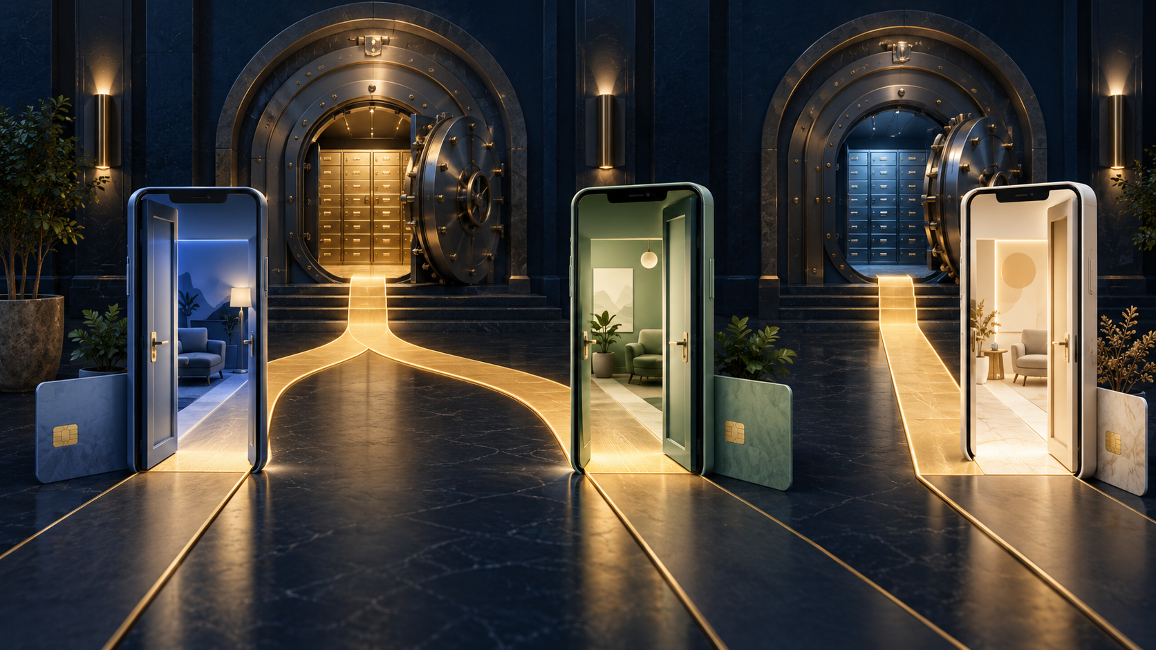 Three digital banking doors leading to two underlying bank vaults, with two doors sharing one vault
